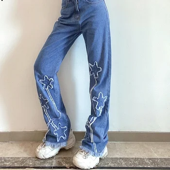 רגליים רחבים מכנסי ג 'ינס נשי מזדמן הזיקוק מכנסי קיץ נשים הדפסה גבוהה המותניים כחול ג' ינס מכנסיים אופנת רחוב מכנסיים נקבה 2023