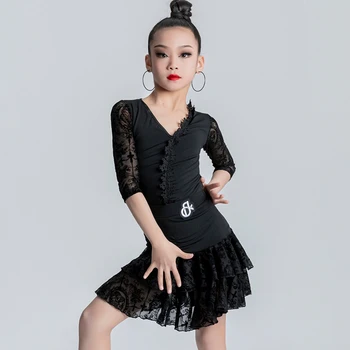 ריקודים לטיניים שמלה בנות שרוולים קצרים תחרה שחורה חליפת אימון בגדים סלוניים ריקודים תחפושות ילדים ביצועים ללבוש DNV17546